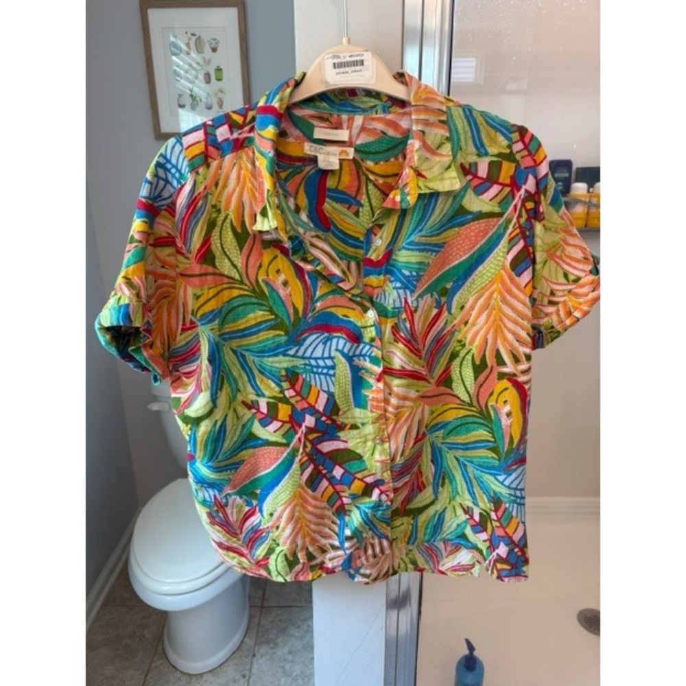 C&C California 100% Linen Tropical Leaf Print Button Front Shirt Resort Vacation